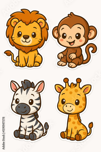 Adorable cartoon illustration featuring four baby animals: lion, monkey, zebra and giraffe, all with happy and friendly expressions, perfect for children’s designs and educational materials
