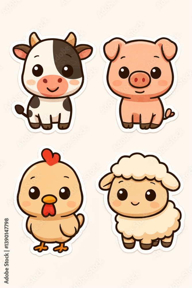Adorable cartoon illustration featuring four farm animals: cow, pig, chicken and sheep, all smiling and friendly, perfect for children’s designs, educational materials and creative projects Adorable cartoon illustration featuring four farm animals: cow, pig, chicken and sheep, all smiling and friendly, perfect for children’s designs, educational materials and creative projects