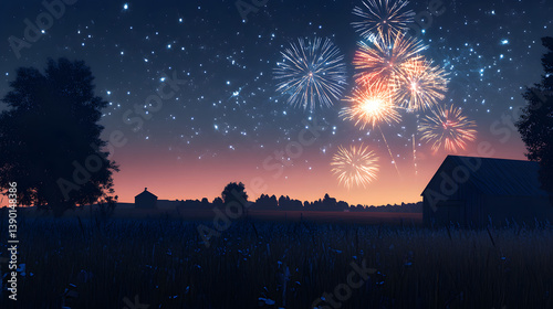 Night celebration scene with fireworks lighting up the sky above a rural landscape featuring fields, barns, and silhouetted trees. Night landscape scene
