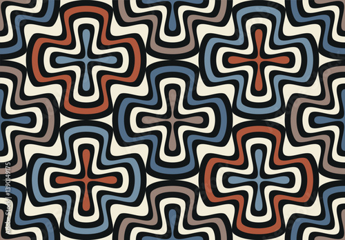 Seamless repeating pattern with concentric cross-shaped geometric elements. Contemporary retro style. Abstract vector illustration for textile printing, packaging, cover, textile, and wrapping paper. 