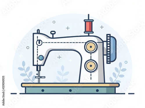 a stylized illustration of a vintage or traditional sewing machine with various parts clearly depicted, including the needle, presser foot, spool of thread (shown in red), handwheel, and the main body
