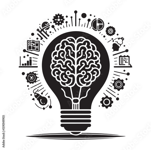 Intelligence lamp with brain idea logo icon Silhouette.