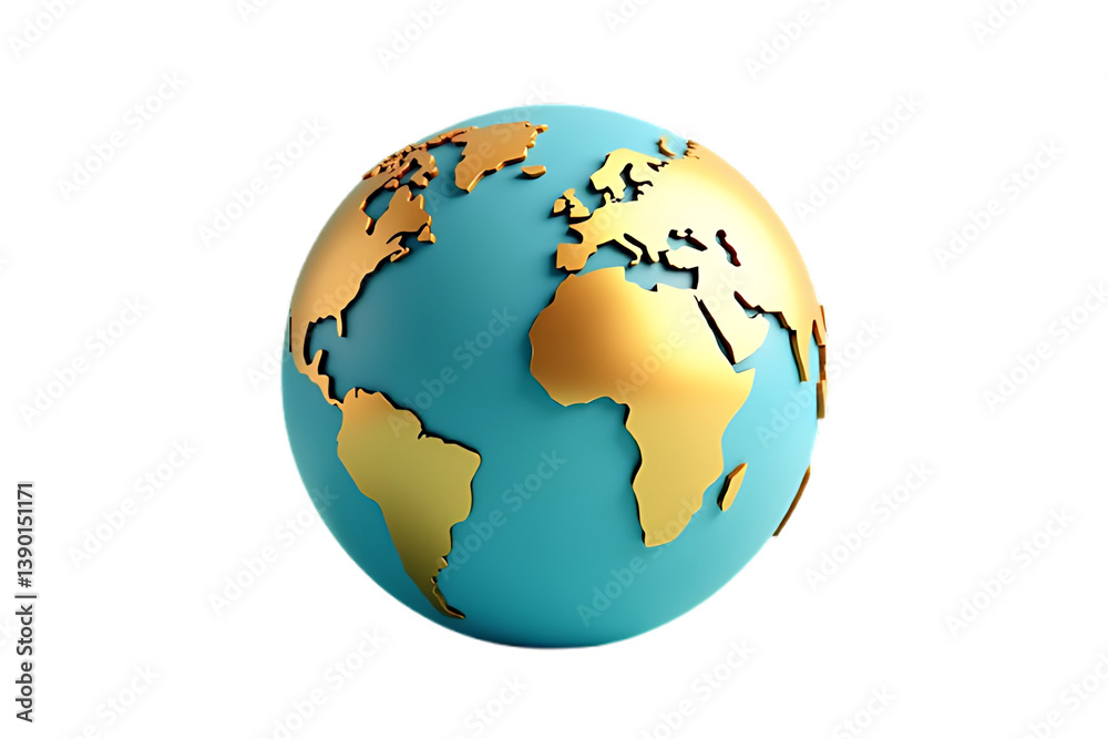 Elegant Teal Globe with Golden Continents 3D Render on Transparent Background Elegant Teal Globe with Golden Continents 3D Render on Transparent Background