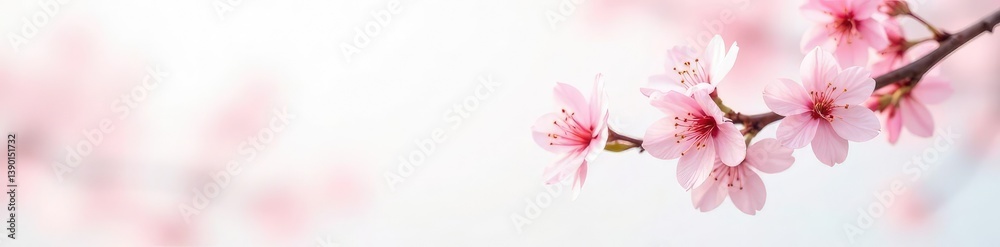 Fototapeta premium A delicate cherry blossom branch with soft pink petals isolated on a white background, branches, cherries blossoms branches flowers spring green branches white, trees