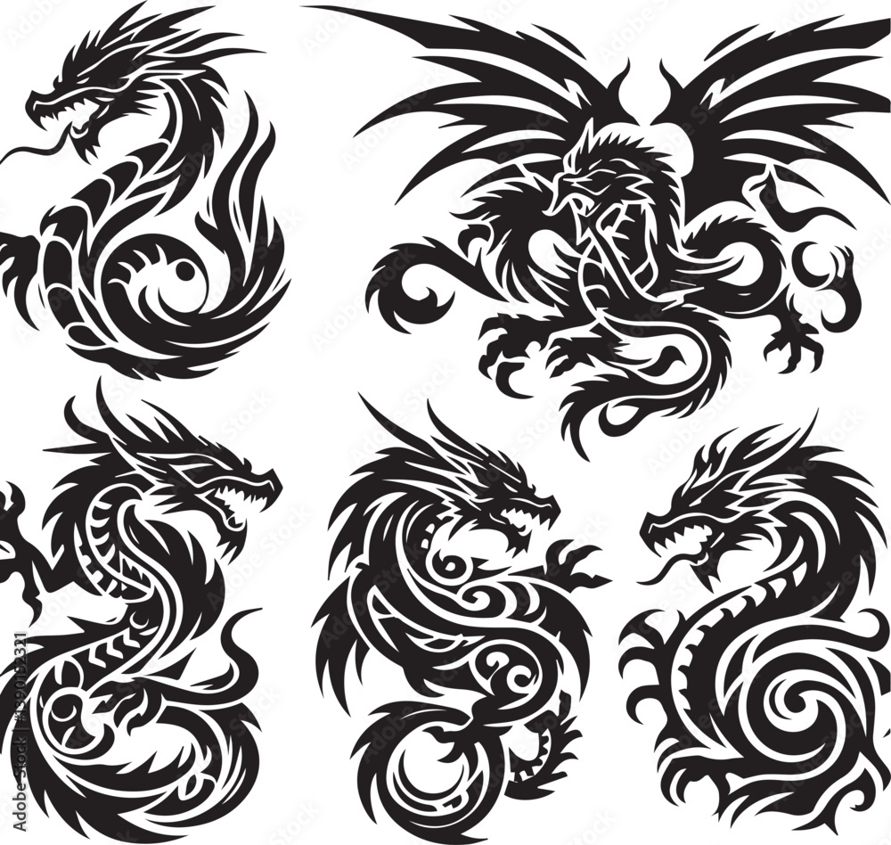 Obraz premium Tribal Dragon Tattoo Vector Illustration – Black Stylized Mythical Beast Design