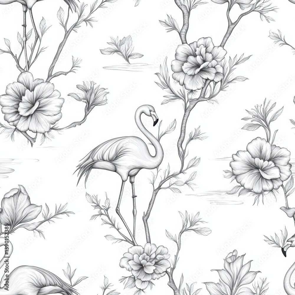 Elegant Floral and Flamingo Pattern in Black and White Design
