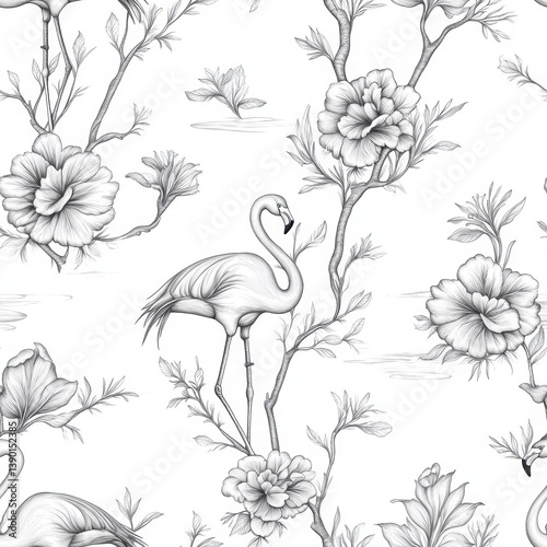 Obraz na płótnie Elegant Floral and Flamingo Pattern in Black and White Design w salonie