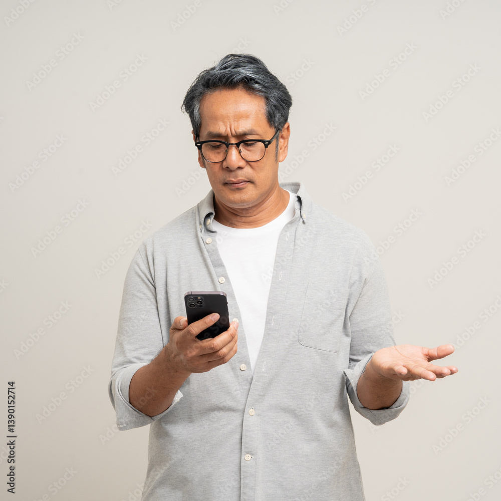 Depressed Asian mature old man standing using smartphone serious thinking on isolated background. Portrait stress of senior asian man holding cell phone. Mature People and lifestyle Depressed Asian mature old man standing using smartphone serious thinking on isolated background. Portrait stress of senior asian man holding cell phone. Mature People and lifestyle
