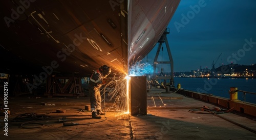 Welder repairing ship exterior at night