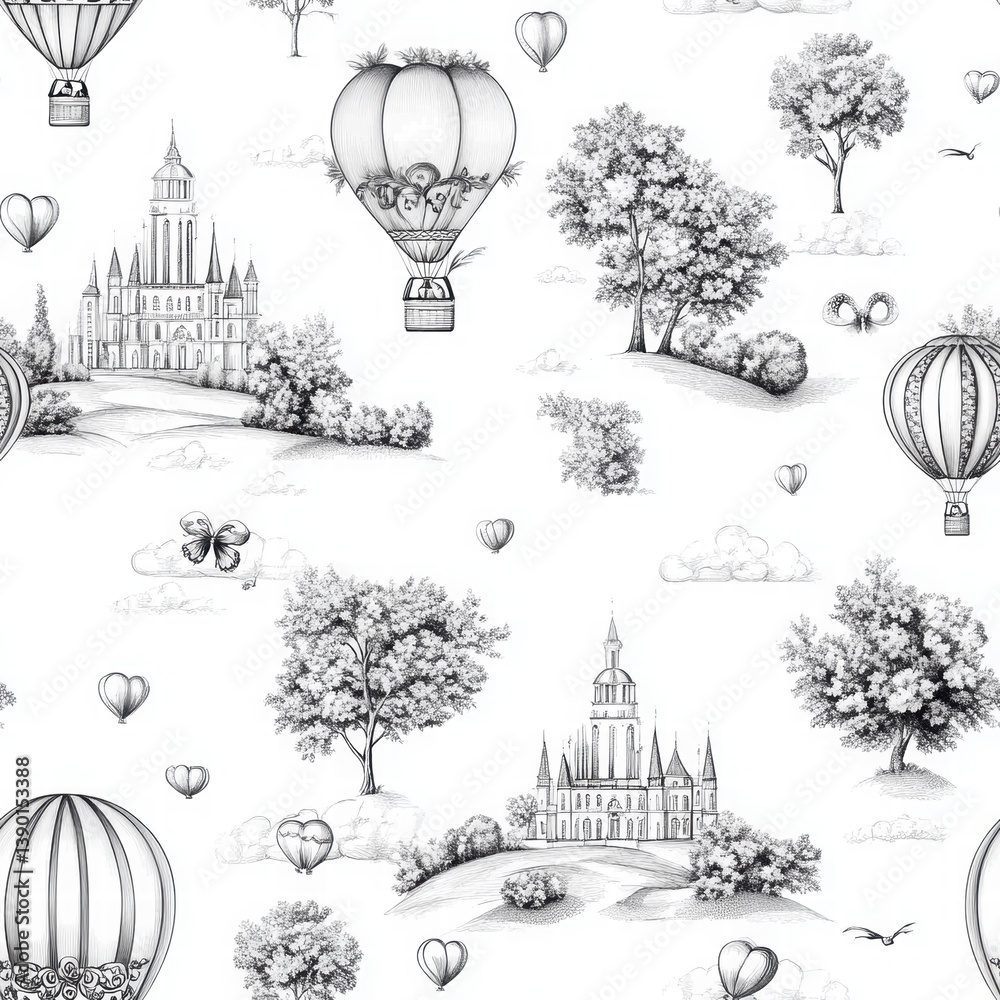 Whimsical Monochrome Hot Air Balloons and Landscapes Illustration