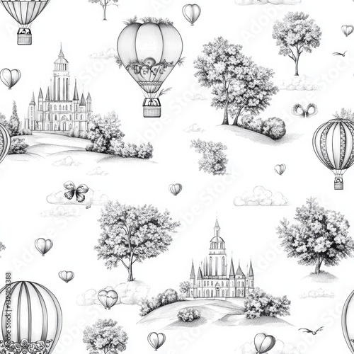 Obraz na płótnie Whimsical Monochrome Hot Air Balloons and Landscapes Illustration w salonie