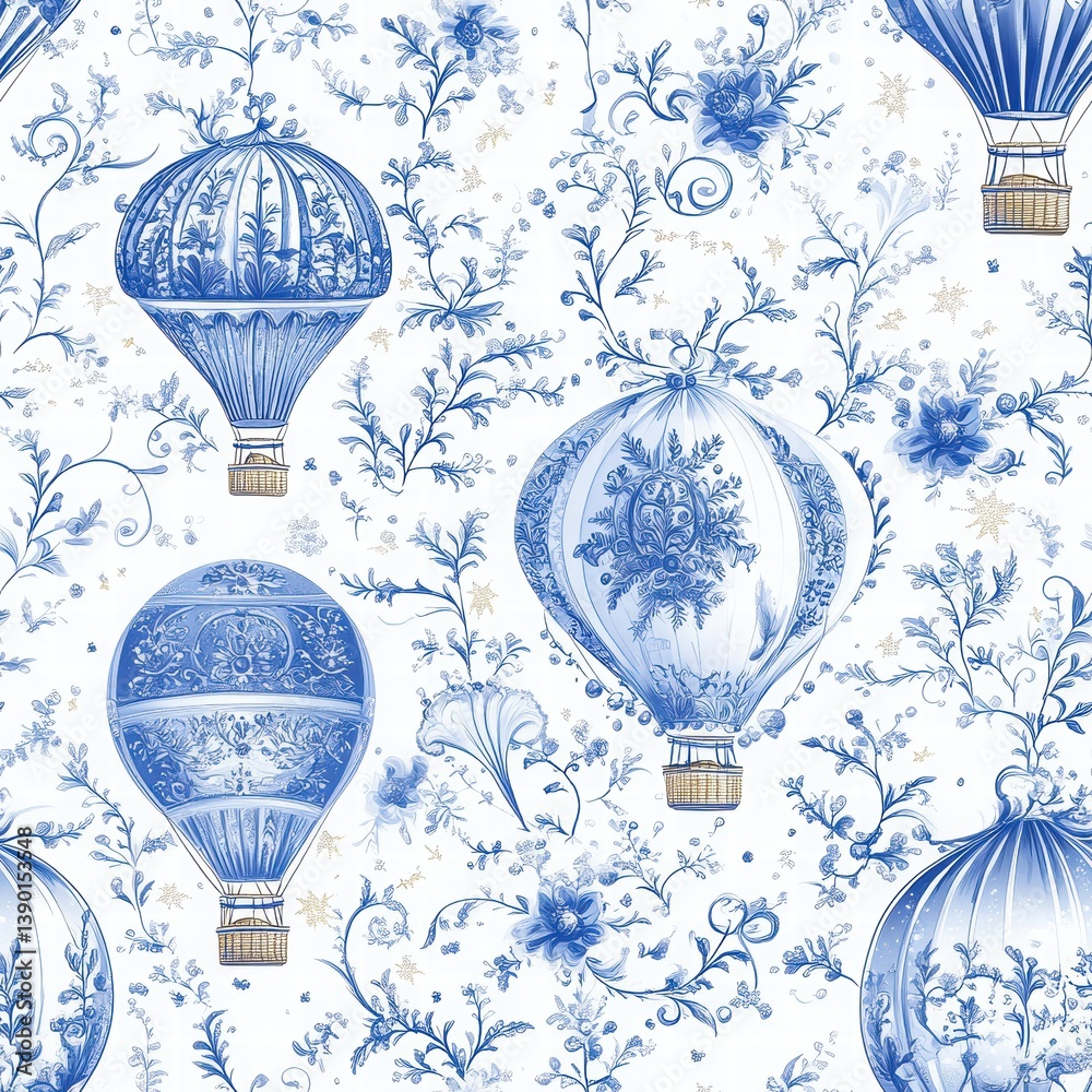Vintage Style Blue and White Floral Hot Air Balloon Pattern Design
