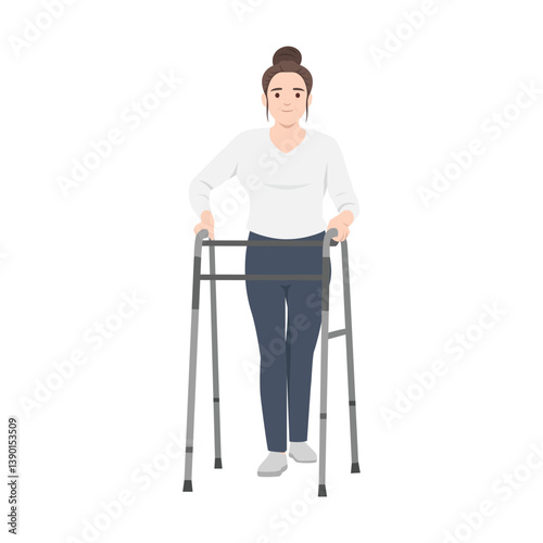 Woman confidently walks with the aid of a walking frame, showing independence mobility assistance. Flat vector illustration isolated on white background