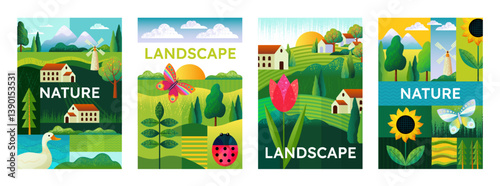 Farm pattern. Agriculture chicken, cow and plant food, modern village field and graphic garden, abstract nature. Spring posters collection. Cartoon flat style isolated vector background