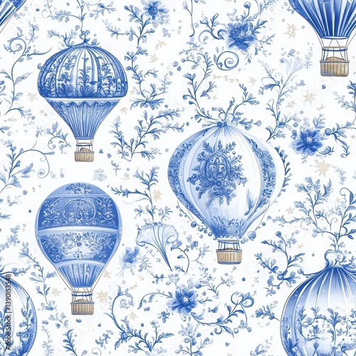 Obraz na płótnie Vintage Style Blue and White Floral Hot Air Balloon Pattern Design w salonie
