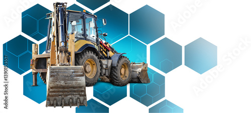 A powerful all-purpose loader excavator stands out against vibrant geometric shapes, showing its strength and capabilities in construction.