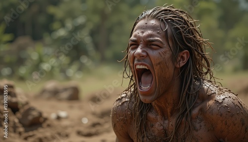 Man caked in dirt, screaming raw catharsis outdoors.