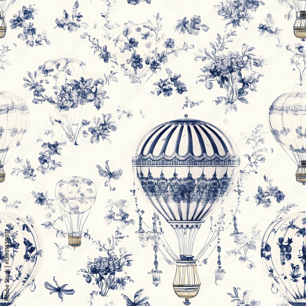 Vintage Floral Design with Hot Air Balloons in Blue Tones
