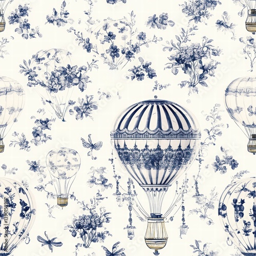 Obraz na płótnie Vintage Floral Design with Hot Air Balloons in Blue Tones w salonie