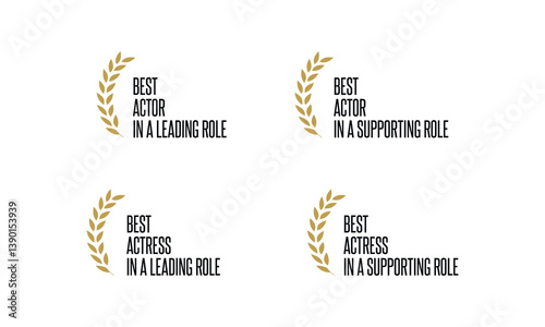 Movie award nomination and winner - best leading or supporting actor or actress - black, golden and white laurel and text vector icon set
