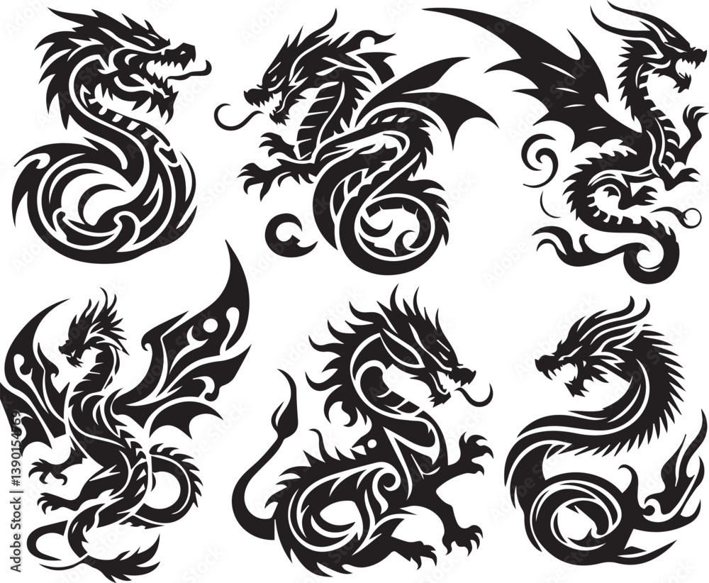 Fototapeta premium Tribal Dragon Tattoo Vector Illustration – Black Stylized Mythical Beast Design