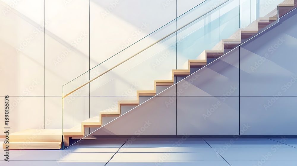 Obraz premium Modern glass and wood staircase in a bright, minimalist interior.