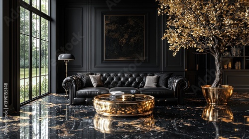 Luxurious dark interior with golden accents and elegant furniture and black marble
