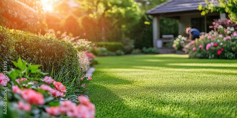 Obraz premium Creating a Lush Garden: Landscaping Techniques for Vibrant Flowers and Green Lawns in Sunny Settings