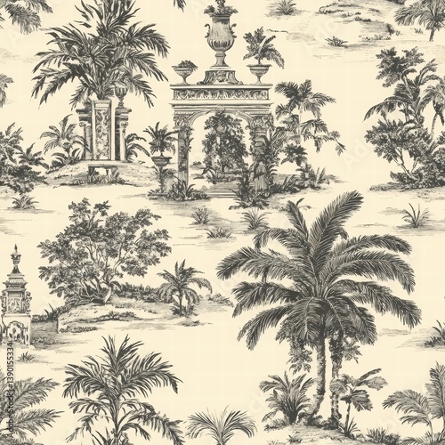 Obraz na płótnie Elegant Vintage Botanical Patterns with Palm Trees and Flora w salonie