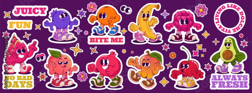 Fruit stickers. Retro cartoon characters. Comic orange and lemon. Food label. Vintage groove peach and raspberry. Grocery labels. Walking fresh avocado. Cherry badge. Vector mascots set