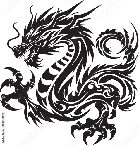 Tribal Dragon Tattoo Vector Illustration – Black Stylized Mythical Beast Design


