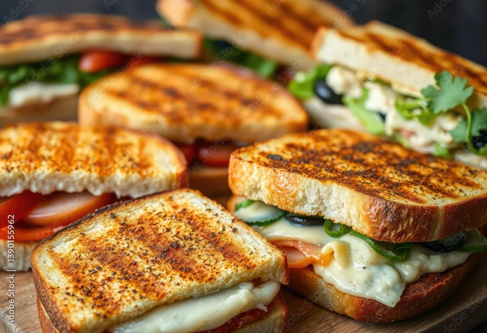 Grilled sandwiches, diverse fillings, close-up shot, texture, menu Grilled sandwiches, diverse fillings, close-up shot, texture, menu