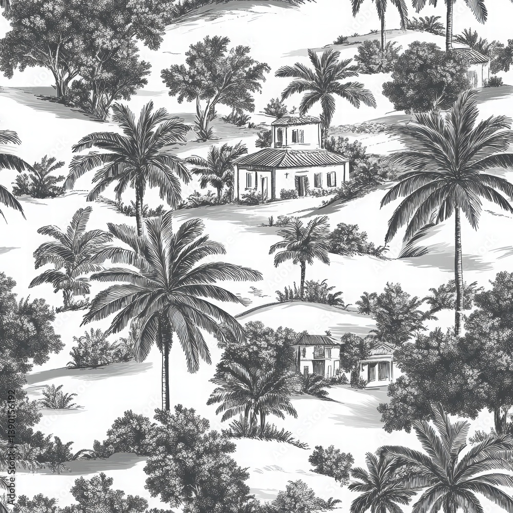 Tropical Landscape with Palm Trees and Scenic House Illustration