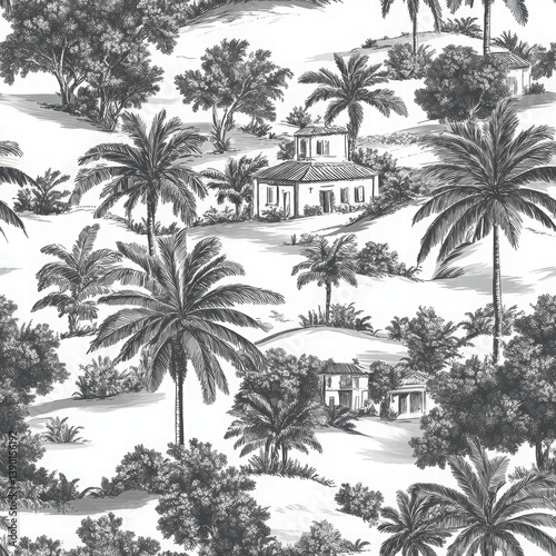 Obraz na płótnie Tropical Landscape with Palm Trees and Scenic House Illustration w salonie