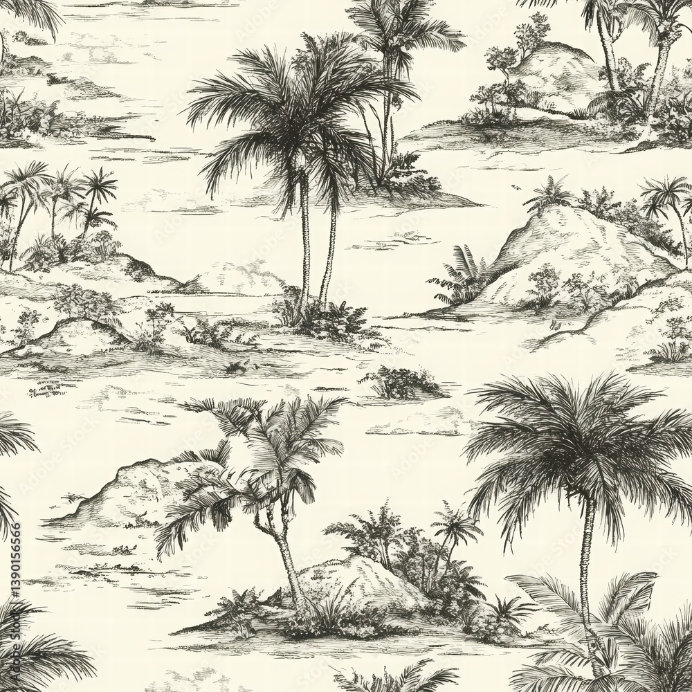 Tropical Landscape with Palm Trees and Rocky Shoreline Design