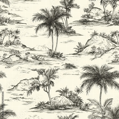 Obraz na płótnie Tropical Landscape with Palm Trees and Rocky Shoreline Design w salonie