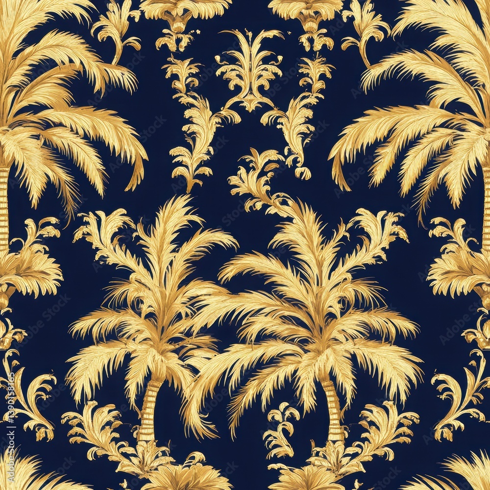 Elegant Gold Palm Leaf Pattern on Deep Navy Background Textile Design