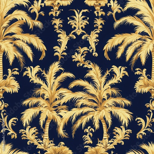 Obraz na płótnie Elegant Gold Palm Leaf Pattern on Deep Navy Background Textile Design w salonie