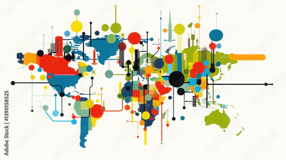Abstract Colorful World Map Illustration with Dynamic Geometric Shapes