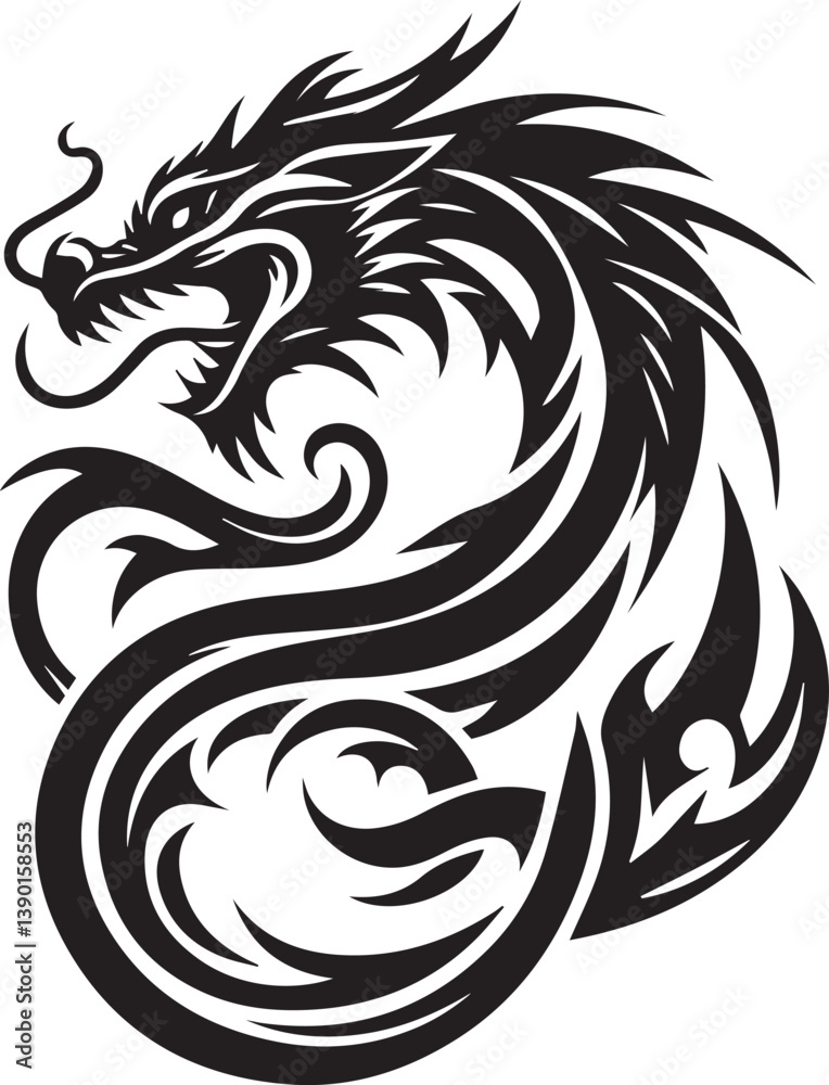 Obraz premium Tribal Dragon Tattoo Vector Illustration – Black Stylized Mythical Beast Design