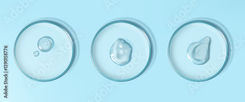 Cosmetic gel. Aloe serum. Transparent cosmetic smear or liquid shampoo in laboratory glass plate. Chemical analysis. Moisturizer swatch. Petri dish. Lab glassware. Vector 3D objects set