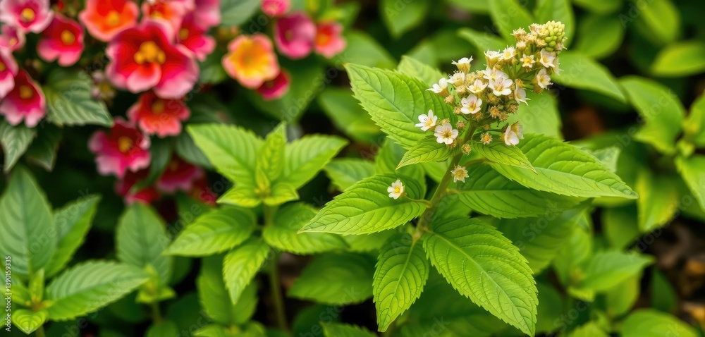 Lemon balm thrives in garden, vibrant green leaves and delicate flowers, fresh, healing Lemon balm thrives in garden, vibrant green leaves and delicate flowers, fresh, healing