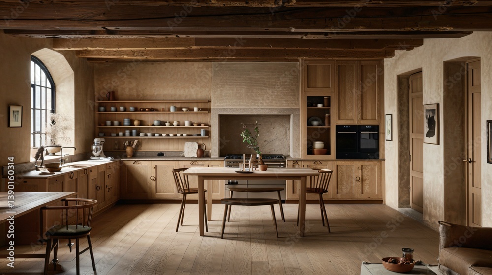 custom made wallpaper toronto digitalModern kitchen with clean lines and wooden accents, bathed in natural light. Minimalist elegance meets warm, organic charm.