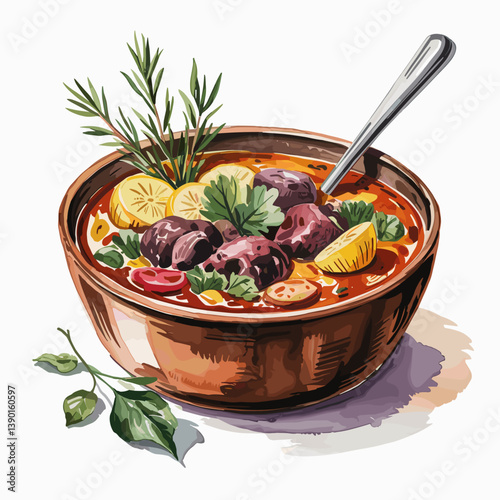 Watercolor Venison Stew with Root Vegetables and Herbs