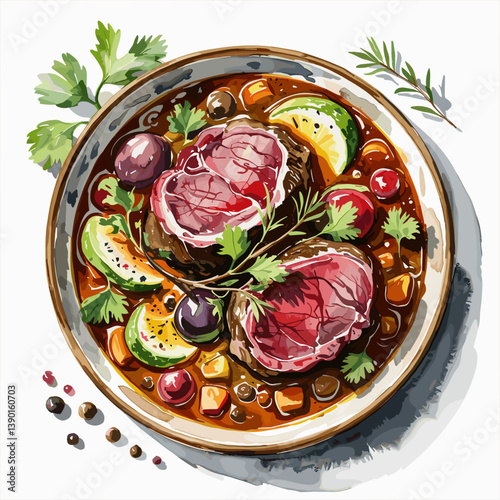 Watercolor Venison Stew with Root Vegetables and Herbs