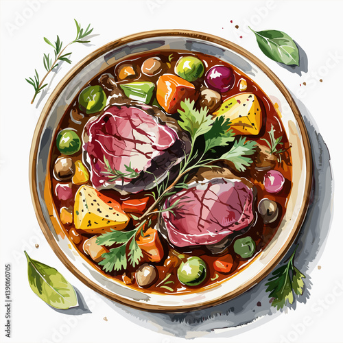 Watercolor Venison Stew with Root Vegetables and Herbs