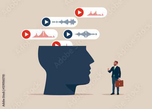 Voice messages and sound waves in my head. Wiretapping. Discussion, conversation, meeting, team communication. Flat vector illustration.