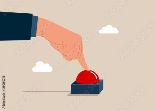 Businessman hand presses the start red button. Push start. Modern flat vector illustration. 