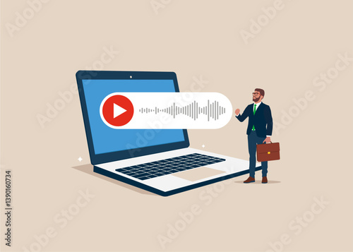 Businessman received new voice message and listens discussion, conversation, meeting, team communication. Flat vector illustration.
