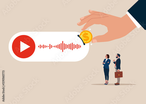 Pay for voice messages and sound waves. Wiretapping. Goal and target, business development. Discussion, conversation, meeting, team communication. Flat vector illustration.